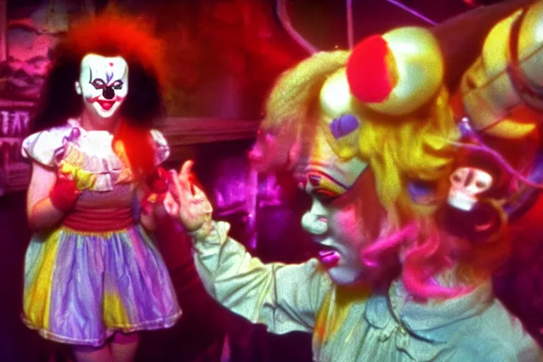 Image similar to clowngirl in clowncore funhouse, in 2 0 5 5, y 2 k cutecore clowncore, low - light photography, bathed in the glow of a crt monitor, still from a ridley scott movie