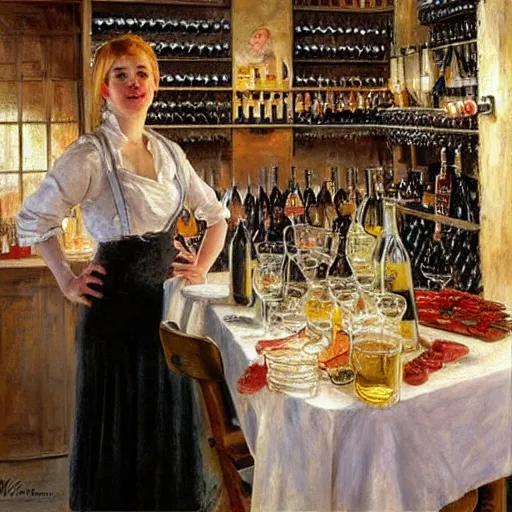 Image similar to hot blonde working in a wine cellar, food, pork, beer, schnapps, rustic, traditional, torches on the wall, painting by vladimir volegov and carl larsson