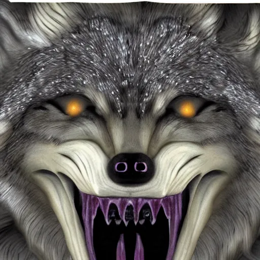 Prompt: SCP wolf. Photorealistic. Bloody teeth.