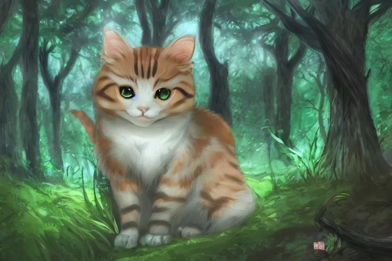 Image similar to a cat in a forest, highly detailed, digital art, trending on artstation, backlighting, by kawacy, by ken sugimori, fan art