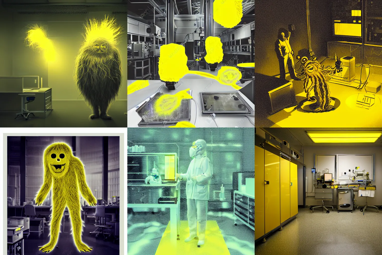 Prompt: hairy monster in laboratory clean room, photolithography, yellow artificial lighting, dusty, photorealistic