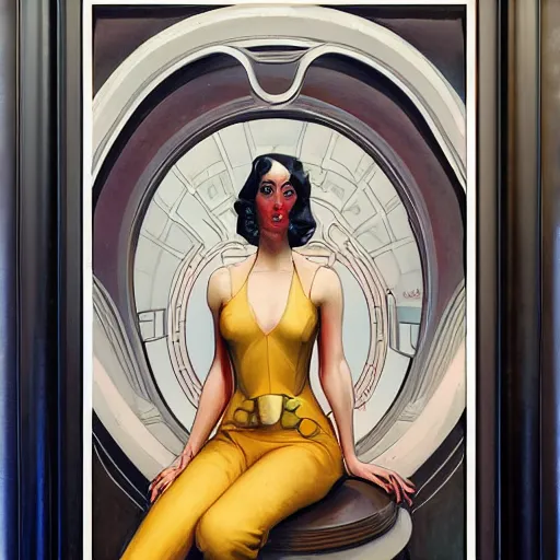 Image similar to a streamline moderne, ( art nouveau ), ( dieselpunk ) painting in the style of charlie bowater, and in the style of donato giancola, and in the style of charles dulac. symmetry, smooth, sharp focus, ultrarealism, intricate symmetrical ultrafine background detail.