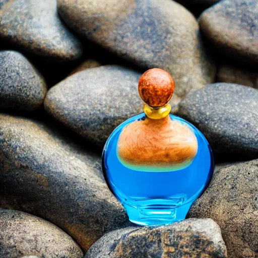 Image similar to perfume bottle sitting on a pile of rocks in the middle of a blue lake, close up shot, upfront, surrounded by tropical leaves, blurred tropical background, softly - lit, soft - warm, zen, light, modern minimalist f 2 0 clean