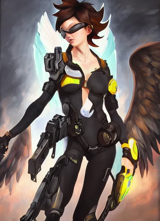Prompt: full body oil painting of tracer overwatch in the style of sophie anderson, angel wings, black outfit, dramatic painting, wearing steel collar,