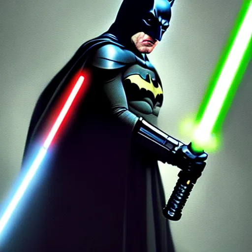 Image similar to batman holding a lightsaber, highly detailed, extremely realistic, dark, digital painting, concept art, intricate, elegant, art by greg rutkowski