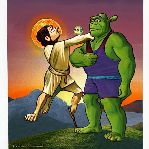 Image similar to Jesus Christ battling shrek in heaven