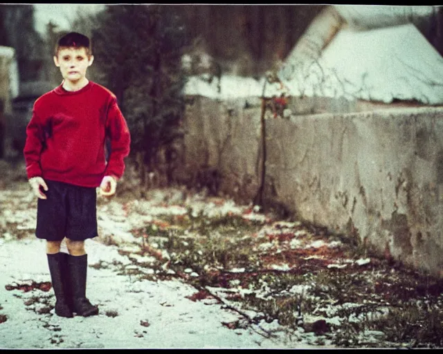 Prompt: a lomographic portrait photo of soviet boy in soviet yard in small town, bokeh