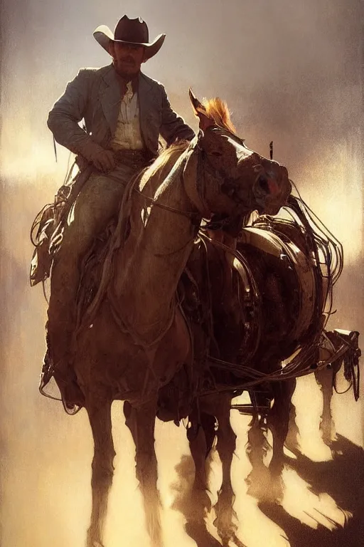 Image similar to hyperrealist portrait of a cowboy driving stage coach by jeremy mann and alphonse mucha, fantasy art, photo realistic, dynamic lighting, artstation, poster, volumetric lighting, very detailed faces, 4 k, award winning