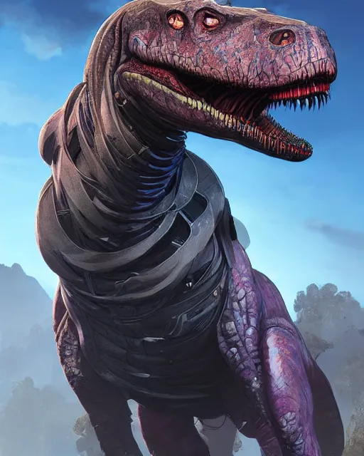 Image similar to trex as an apex legends character digital illustration portrait design by, wayne barlowe detailed, gorgeous lighting, wide angle action dynamic portrait