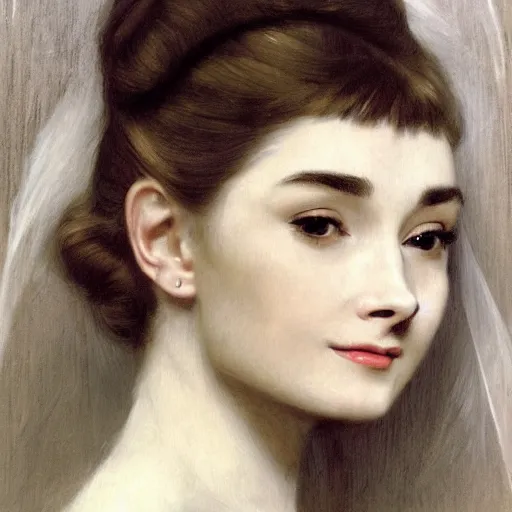 Prompt: portrait painting of a princess, close-up, highly beautiful, audrey hepburn, elegant, graceful, platinum white hair, pale, by Bouguereau, highly detailed, sharp focus, smooth