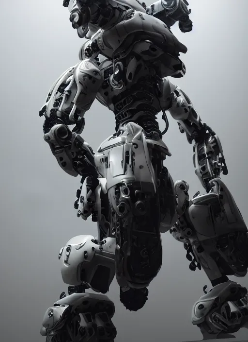 Image similar to a Photorealistic dramatic hyperrealistic render of a futuristic exosuit warrior Mech,Ultra realistic details,glossy white metal by Vitaly Bulgarov and Mike Nash,Beautiful dramatic dark moody tones and lighting,cinematic atmosphere,studio lighting,shadows,dark background, Octane render,8K