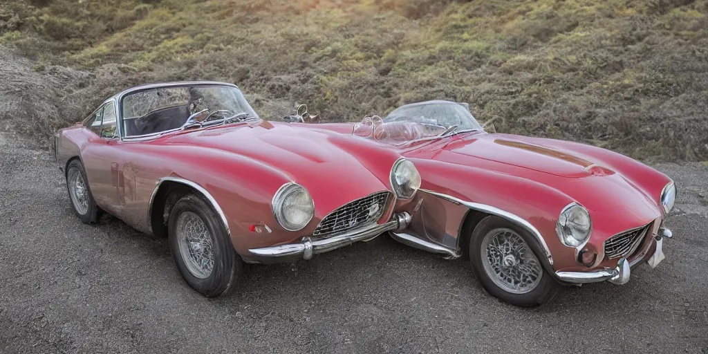 Image similar to photograph, 1958 FERRARI 250 GT, cinematic, PCH, california coast, 8k, depth of field, bokeh.