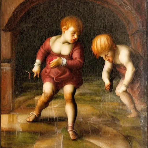 Image similar to children playing in heavy rain, painting, sharp, clear faces, highly detailed photo, style of high renaissance period