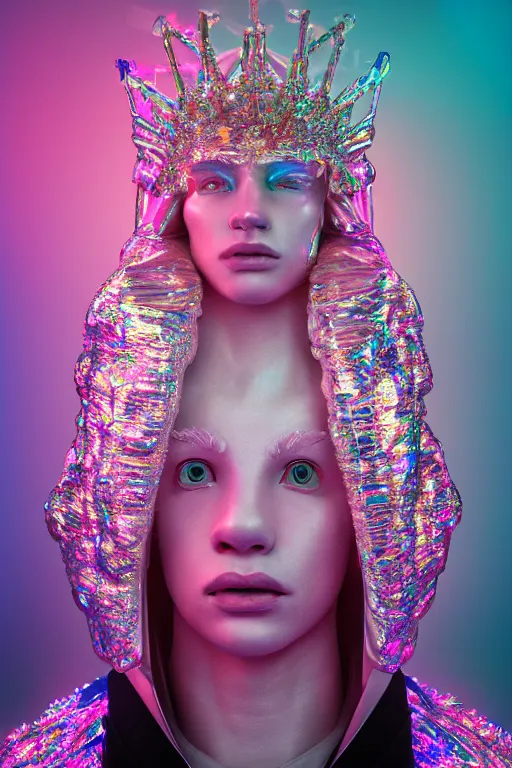 Image similar to hyper detailed ultra sharp portrait of baroque and bladerunner delicate neon diamond sculpture of seductive muscular albino young king, diamond pink sphinx iridescent humanoid deity wearing metallic hoody made out of hands holding the sun prismatic dungeon, glowing blue face, crown of white diamonds, cinematic lighting, photorealistic, octane render 8 k depth of field 3 d