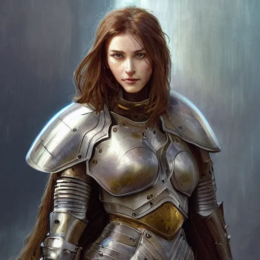 Image similar to portrait of a rugged female as a bruised knight with a shield and heavy armor, fantasy, intricate, headshot, highly detailed, digital painting, artstation, concept art, sharp focus, cinematic lighting, illustration, art by artgerm and greg rutkowski, alphonse mucha, cgsociety