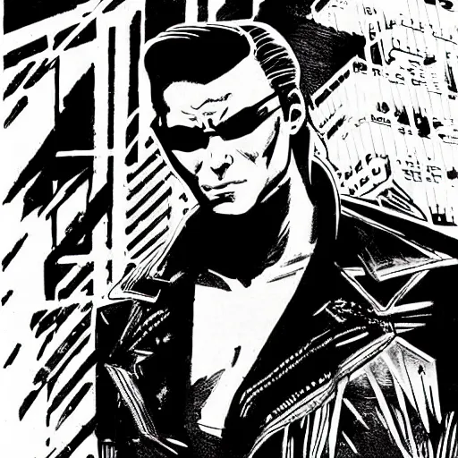Prompt: a cyberpunk mafia boss with slicked back hair, in a cyberpunk setting, comic book art, cyberpunk, art by stan lee, pen drawing, inked, black and white, dark, moody, dramatic, deep shadows, marvel comics, dc comics