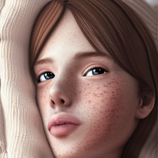 Image similar to portrait of a cute thin young woman, red blush, cute freckles wearing casual clothes, small smile, relaxing on a couch, cozy under a blanket, cozy living room, close up shot, 8 k, art by diego fazio and irakli nadar, hyperrealism, hyperdetailed, ultra realistic