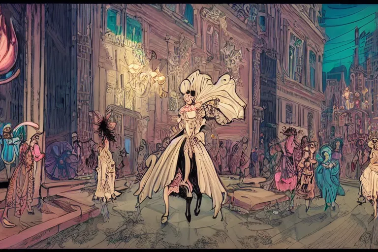 Prompt: exctatic Marie Antoinette in a rococo shaman dress dancing in with animal spirits, ornate cyberpunk city street, by Chiara Bautisya, and Laurie Greasley, Jen Bartel, Background by Tarmo Juhola, syd mead, cinematography Roger Deakins