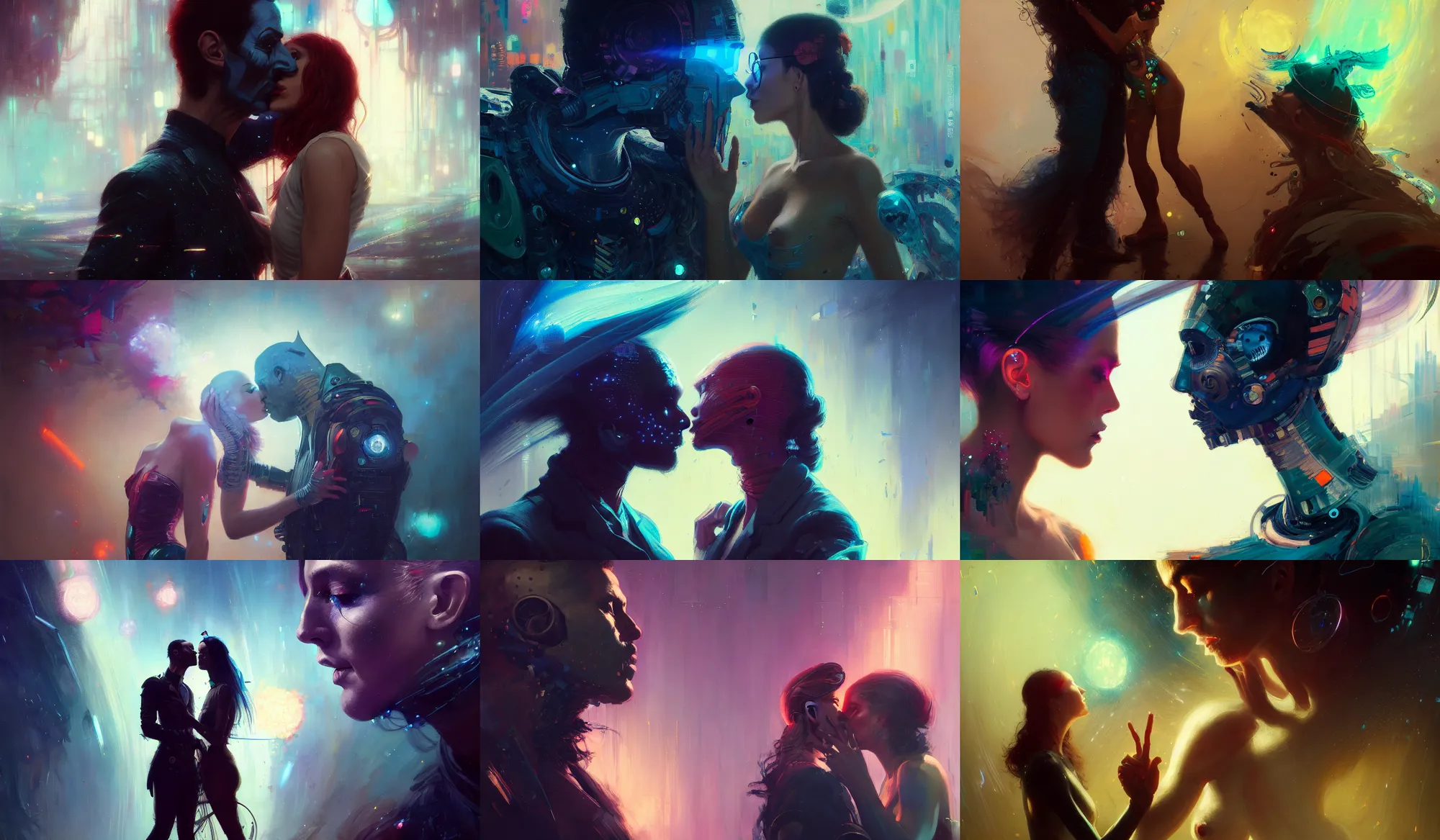 Prompt: two human portraits kissing, disco, vincent di fate, wadim kashin, peter mohrbacher, xf iq 4, f / 1. 4, iso 2 0 0, 1 / 1 6 0 s, 8 k, raw, featured in artstation, octane render, cinematic, elegant, intricate, 8 k
