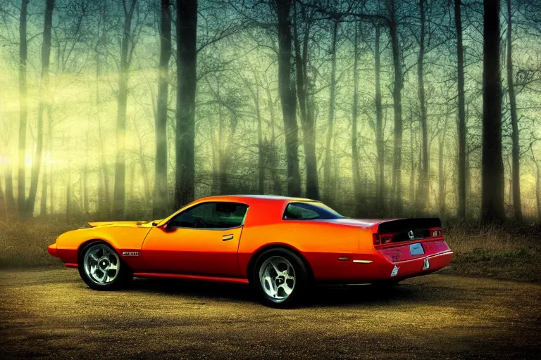 Prompt: pontiac firebird with grafitti tag on side, sunrise, dramatic, cinematic, forest, sunbeams, volumetric lighting, wide shot, low angle, realistic pokemon creatures looking at car