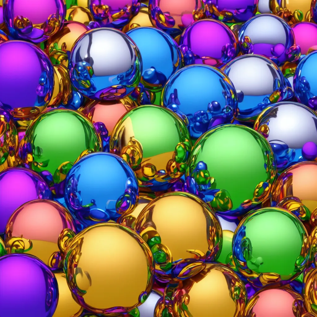 Prompt: high quality 4 k very colourful highglossy texture of chrome spheres, 3 d, photorealistic, high poly, 8 k render, unreal engine 5, volumetric lighting, realistic shadows