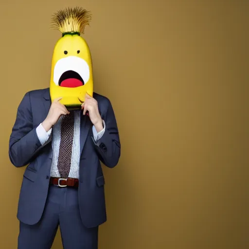 Image similar to a person with a banana head wearing a business suit