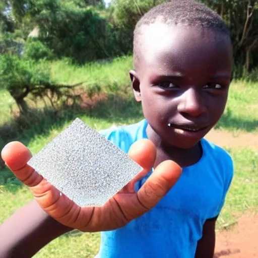 Image similar to poor kid in africa, finding a huge diamond and picking it up in his hand, looking impressed and amazed