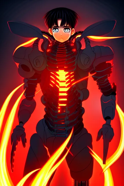 Image similar to a detailed manga full body portrait illustration of a dark haired cyborg anime man surrounded by fire, detailed artwork, realism, 4 k resolution, detailed, high quality, sharp focus, hq artwork, insane detail, volumetric lighting, character concept art, fine details, clear subject, central subject