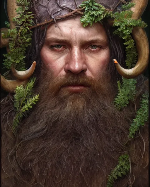 Prompt: forest druid with ram horns and leaves in his beard | highly detailed | very intricate | symmetrical | cinematic lighting | award - winning | closeup portrait | painted by donato giancola and mandy jurgens and brian froud | featured on artstation