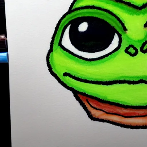 Image similar to pepe the frog from 4chan smirking, coloured pencil sketch in the style of matt furie feels good man, shadows, cool, hand drawn