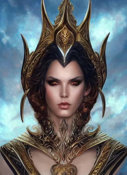 Image similar to a highly detailed symmetrical painting of a female model fantasy amazon with piercing beautiful eyes, trending art by artgerm and karol bak and mark brooks