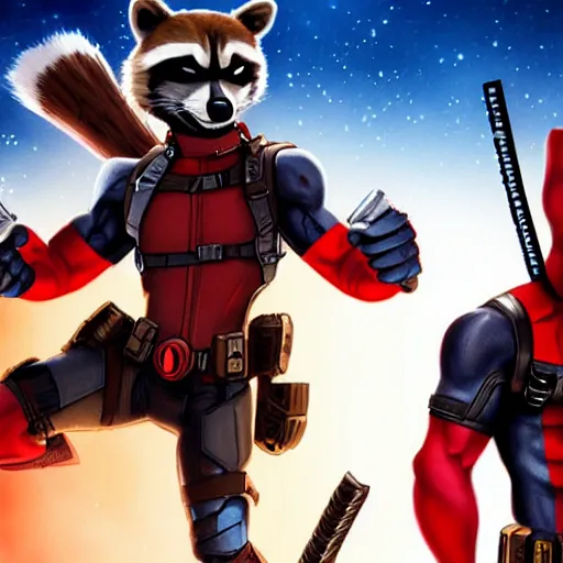 Image similar to rocket raccoon and deadpool together digital art 4 k detailed super realistic