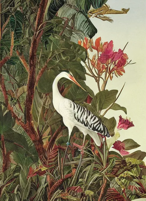 Image similar to tiger, white crane, tropical plants, botanical, large exotic flowers, biology, realistic, painted by john audubon