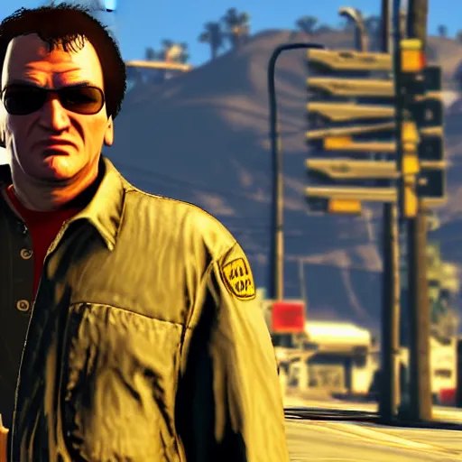 Prompt: extremely cool looking quentin tarantino in the game'gta v '. he shoots at civilians. highly detailed.