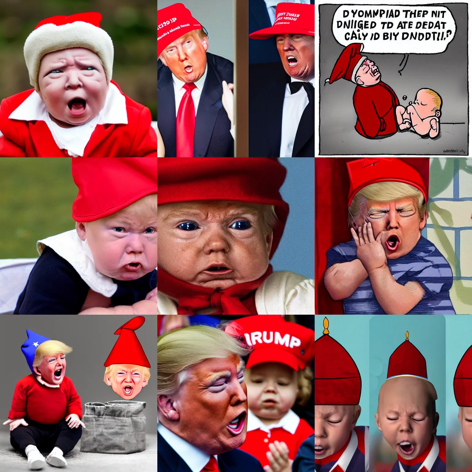 Prompt: donald trump as a crying baby in a red dunce cap