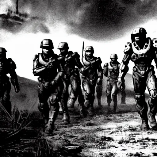 Image similar to halo game spartans in world war 2, old movie, dramatic, detailed, black and white, old movie scene, 1 9 4 0 france