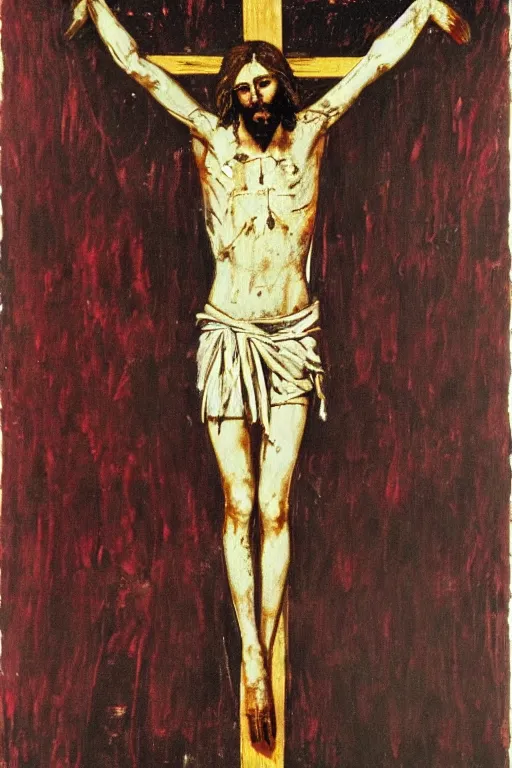 Image similar to bloody jesus christ crucified with a ufo of light right above his head painted by cy twombly and andy warhol