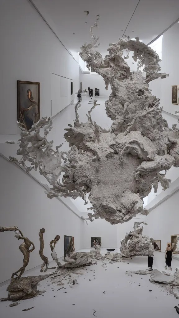 Prompt: sculpture explosion in a white museum hall, luxury and minimal atmosphere hyper - detailed, ultra - realistic, 8 k, post - production, photo real ultra - high detail, museum atmosphere, cinematic lighting