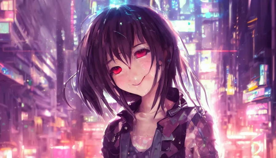 Prompt: cute anime girl in a cyberpunk city by wlop, detailed eyes, heterochromia, bright eyes, closeup, happy expression, laughing, short minidress, light clothing, posing, light rain, hyper real, detailed digital art, idol, photorealistic, trending on art station