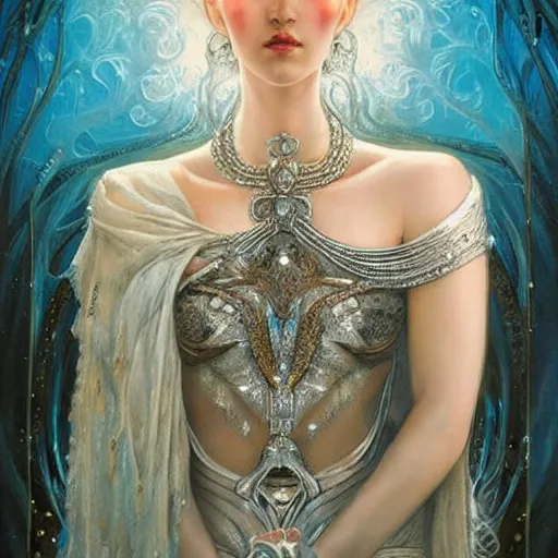 Prompt: a beautiful woman wearing a white dress made of silver with jewelry and diamonds by karol bak, ayami kojima, arabian blue eyes, concept art, fantasy