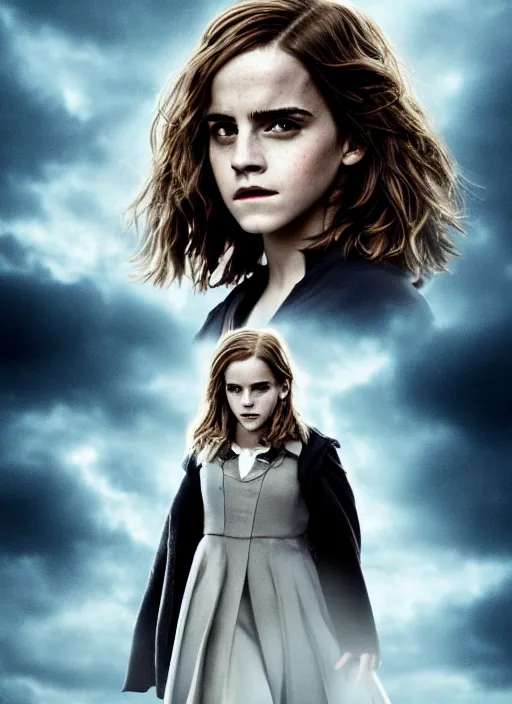 Image similar to Movie poster, Emma Watson as Hermione Granger, dark, thunderstorm, extremely detailed, award winning, 4K