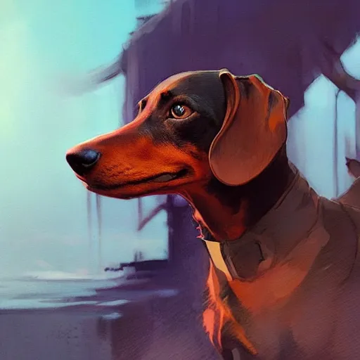 Prompt: dachshund, by greg rutkowski, artgerm, ross tran, conrad roset, takato yomamoto, ilya kuvshinov. 4 k, beautiful, cinematic dramatic atmosphere