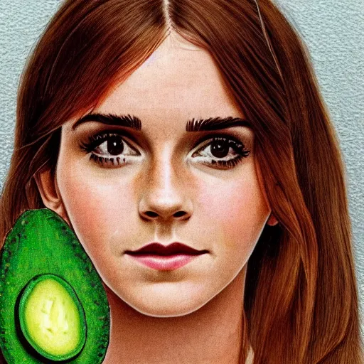 Image similar to a page from codex seraphinianus of how to merge emma watson with avocado