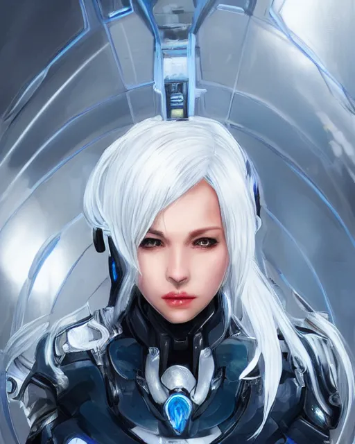 Image similar to perfect aidra fox with white hair, warframe armor, beautiful, dreamy, pretty face, blue eyes, portrait, bright light, scifi, utopian architecture in the background, laboratory, ultra realistic, intricate, glow, cinematic, extreme details, focused, masterpiece, art by seunghee lee, blair armitage