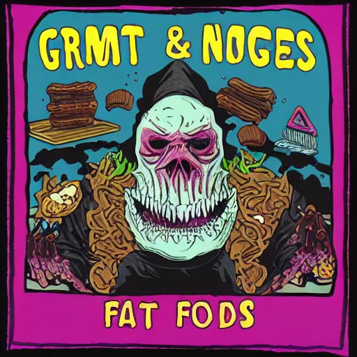 Image similar to grimace reaper, blood and nuggets fast food death metal album cover