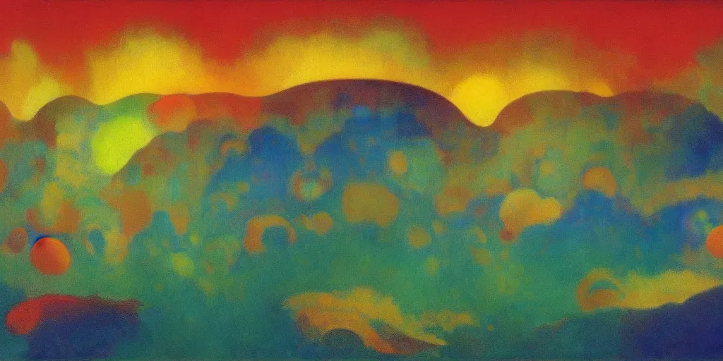 Image similar to An insane, modernist landscape painting. Wild energy patterns rippling in all directions. Curves, organic, zig-zags. Mountains, clouds. Rushing water. Waves. Psychedelic dream world. Odilon Redon. Agnes Pelton. Peter Max.