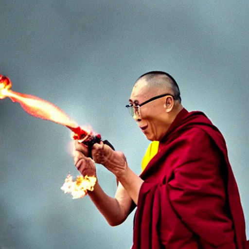 Prompt: dalai lama aggressively firing a flamethrower into the air