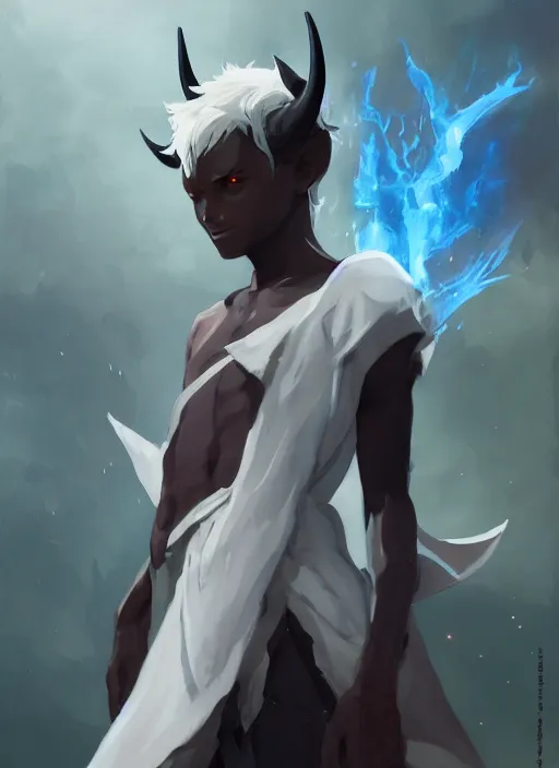 Image similar to concept art painting of a dark skinned person with short white hair, demon horns, white freckles, full clothing, blue robes, detailed, cel shaded, in the style of ruan jia and artgerm and makoto shinkai and james gurney