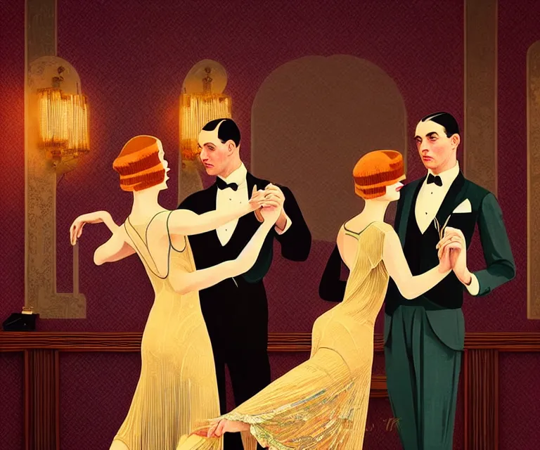 Prompt: a beautiful classy dancing couple, dimly lit upscale 1920s speakeasy, relaxed pose, art deco, detailed painterly digital art style by Wes Anderson, retro vibe, 🍸, 8k octane beautifully detailed render, post-processing, extremely hyperdetailed, intricate, epic composition, grim yet sparkling atmosphere, cinematic lighting + masterpiece, trending on artstation, very detailed, vibrant colors, Art Nouveau, masterpiece