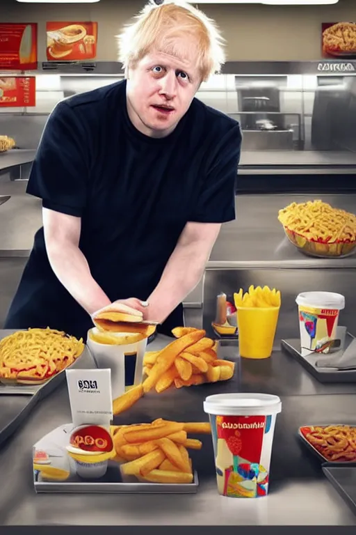 Image similar to intricate color photo of boris johnson, working in mcdonalds serving a customer, 8 k octane beautifully detailed render